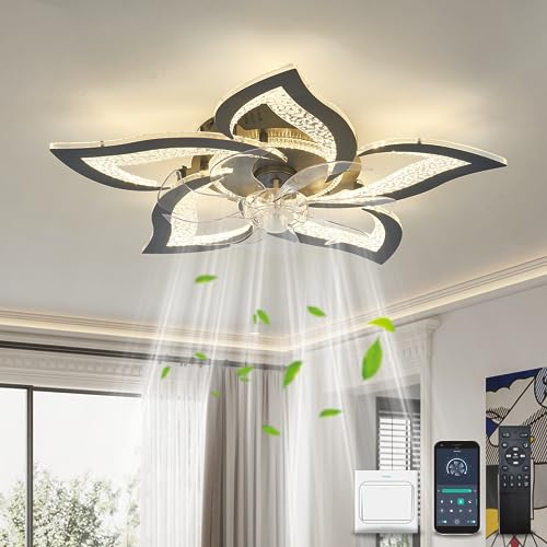 YOLEDY Ventilador de Techo con Luz Silencioso Dormitorio, Lampara Techo Ventilador y mando, 6 velocidades, Motor DC Reversible, Flor Ventoinha de Teto para Apartamento, cocina, comedor, Negro