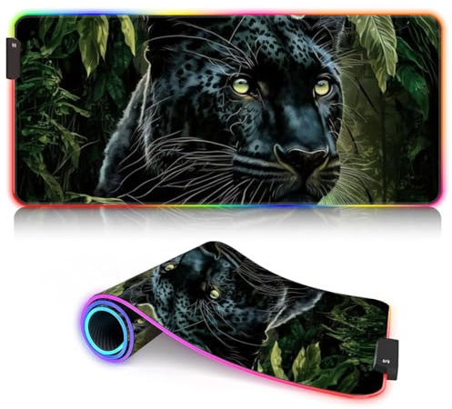 BUBELS Grand Tapis de Souris LED personnalisé avec Affiche Black Panther, Tapis de Jeu RGB personnalisé, Surface et Base imperméables, 14 Modes d'éclairage pour Les Joueurs 13,77 x 23,6 Pouces