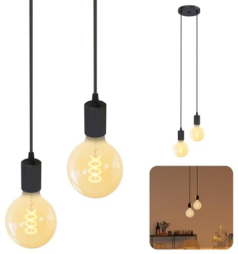 SSC-LUXon PARU Pendelleuchte Vintage 2-flammig schwarz - Design Hängelampe mit Textilkabeln inkl. 2x E27 LED Filament Globe XL