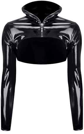 Demoniq. Schwarze Kurze Jacke Bolero aus glänzendem dehnbaren Vinyl Material mit Reißverschluss und Kragen
