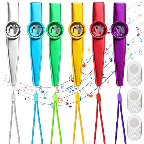 Eniyou 6 Stück Kazoo Metall Kasu Kazoos Kazu Membran Instrument Nasenflöte Kazoo Set für Kinder Geeignet Nasenflöte Kinder in Verschiedenen Farben mit 30 Flöte Membranen und 6 Schlüsselband