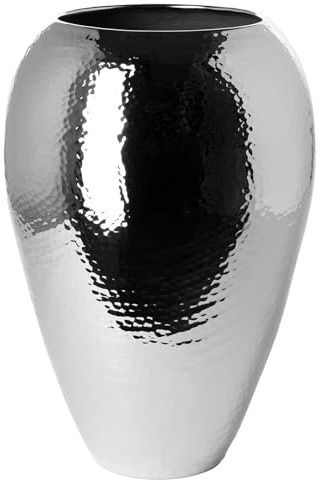 Fink Elegante hohe Blumenvase 32 cm silbern gehämmerte Eisen Vase im bauchigen Design
