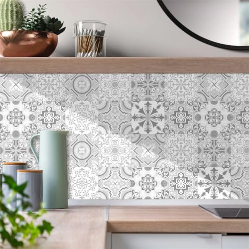 Credence Adhesive pour Cuisine 20x20cm Gris Blanc Vintage Carrelage Adhesif Mural Salle de Bain Imperméable Stickers Muraux Cuisine Meubles Décoration Maison Stickers Carrelage (10 Pièces)