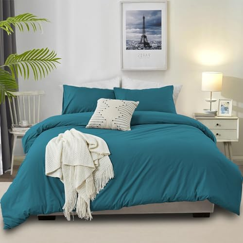 DXHOME Bettwäsche 135x200 4teilig Baumwolle Türkis Grün Uni Bettwäsche Set Weich Kuschelig Bettwäsche Weich Baumwolle für Einzelbett mit Reißverschluss und 2 Kissenbezüge 80x80 cm