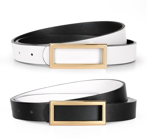VONMELLI Schmaler Wendegürtel für Damen, Dünner Ledergürtel für Kleider Jeans Hosen mit goldener Schnalle Schwarz/Weiß XL