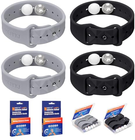 MEIYYJ Travel Sickness Bands for Adults and Kid Adjustable Acupressure Anti Nausea Wristbands for Motion & Morning Sickness Relief Bands for Pregnant Natural Relief-Black & Gray-2 Pairs