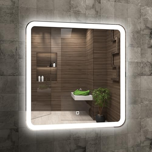Home Glow Venti 60cm Quadratischer Badezimmerspiegel mit Beleuchtung LED Badspiegel mit Beleuchtung Badezimmer Wandspiegel LED Spiegel mit Berührungsschalter LED Badezimmerspiegel mit LED Frontlicht