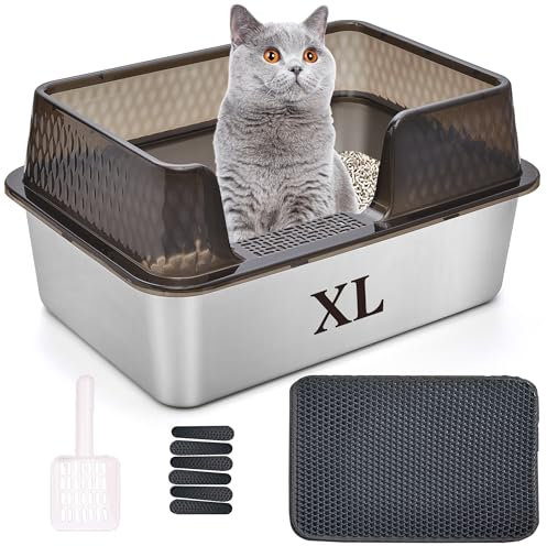 Suhaco Edelstahl Katzenklo mit Deckel Matte und Schaufel für katzentoilette Hohe Seiten XL Leicht Zu Reinigen Große Streukasten (XL,Schwarz)