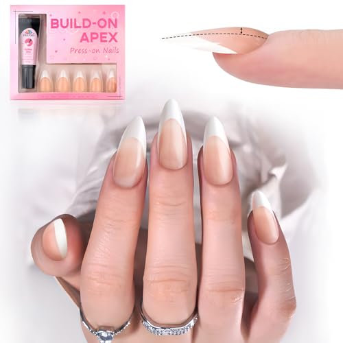 EBANKU French Tip Press on Nail, 30Pcs Pre-shaped Glue on Nails White Medium Almond False Nails Gel Nail Tips-Thick Acrylic Nails for Flat Nails with Nail Glue