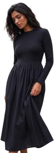 Roman Originals Midi Dress with Pockets for Women UK Ladies Stretchy Jersey Maxi Long 3/4 Length Sleeve Gathered High Waist Boho Flattering Skater Swing Fit Flare