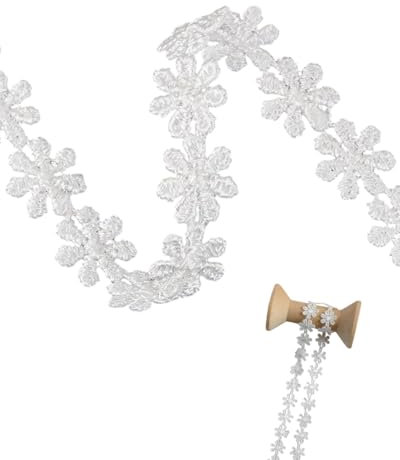 LEEQ 5 Yard Spitzenband Blumen Weiß, 12mm Spitzenborte Blumen Dekoband Tischdeko Geschenkband Hochzeit, Zierband Stickerei Spitzenborte Blumenband für Handwerk Nähen Deko