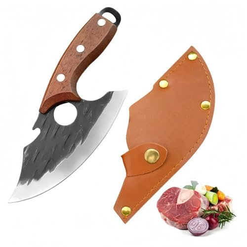 LINMOHERUI Chef Knife BBQ Knife Meat and Fruit Knife High Carbon Steel Stainless Steel Pocket Kitchen Knives with Wood Handle and Leather Sheath for Home, Restaurant and Camping