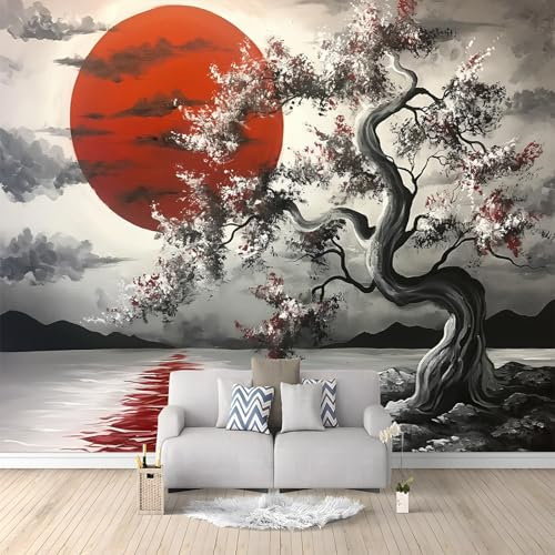 Grey Wall Wallpaper Mural Japanese Style Cherry Blossom Trees Patterned Premium Non-Woven Wallpaper Mural for Bedroom livingroom Wall Modern 200 x 140 cm Art Print Mural Wallpaper