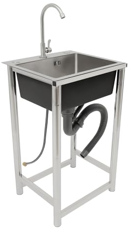 Évier autoportant en acier inoxydable 45 x 41 x 75 cm - Lavabo d'extérieur - Bonde en V et reflux X - En acier inoxydable - Multifonction - En acier inoxydable - Pour camping - Robinet autonome à 360°
