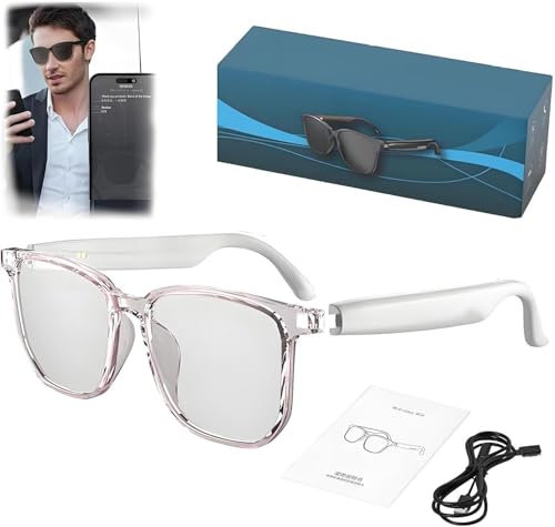 Hy-C8 Pro Smart Bluetooth Glasses with Camera, Wireless Headphones for Music & Calls, Supports 75 Languages (White)