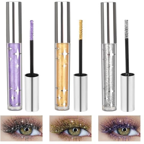 3 Farben Glitter Colored Mascara, Glitzer Mascara, Glitzer Wimperntusche, Langlebige Wasserdichte, Silber Gold Lila Color Diamond Mascara, Bunt Mascara für Party Wedding Cosplay