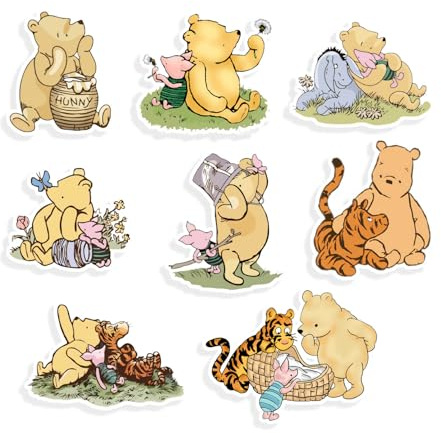 Recortes clásicos de Winnie Bear Friends con soporte, 8 patrones para baby shower y decoración de cumpleaños, centro de mesa, impresión de doble cara