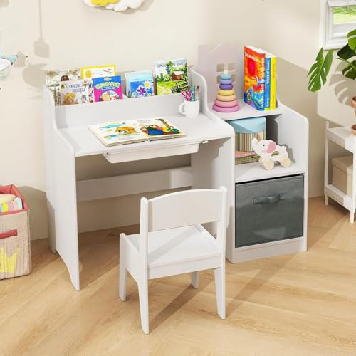 Kids Desk and Chair Set, Toddler Art Craft Play Wood Activity Desk with Chairs Storage Canvas Bin for Writing Drawing, Children Furniture for Daycare Nursery Boys Girls 3+ (White)