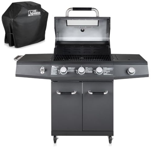Fire Mountain Everest Pro 4 Burner Premium Gas BBQ & Weatherproof BBQ Cover, Outdoor Barbeque Grill, 3 Main + 1 Side Burner, Lid with Glass Window and Built-in Thermometer, Family Sized Cooking Area