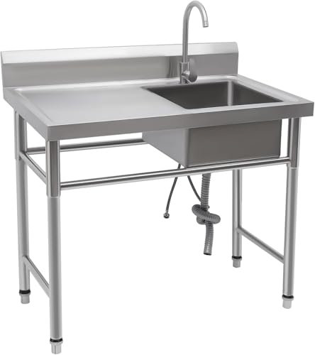 Edelstahl Spültisch, Spülbecken mit Waschbecken, 100 x 60 x 93 cm Küchenspüle mit Wasserhahn, Gewerbliche Gastrospüle mit Wasserhahn für Außen Innen Garten Werkstatt Bauernhaus (Rechte Spüle)