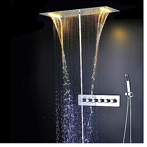 FWPGFVY Cabezal de Ducha LED con Cascada de Lluvia, Grifo termostático, Ducha de Techo empotrada de Acero Inoxidable (Juego Completo)