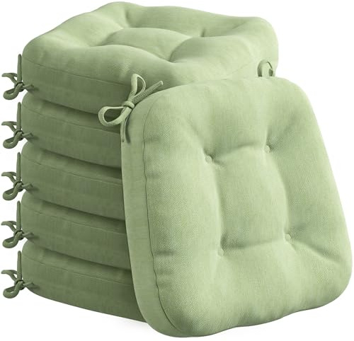 Codi Stuhlkissen 40 x 40 cm, 6er-Set, 8 cm dick, Sitzkissen Outdoor | Salbeigrün, Memory-Foam-Füllung, wasserabweisender Bezug, rutschfester Halt mit Bindebändern, für Gartenstühle und Balkon