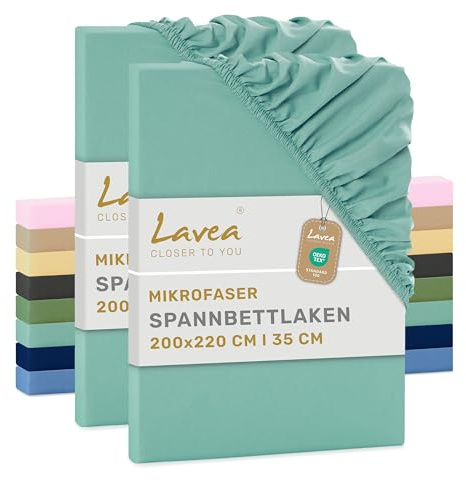 Lavea® 2er Set Spannbettlaken 200x220 cm - Eukalyptus | Mikrofaser, Bettlaken mit Rundumgummi, für Matratzen bis 35 cm, atmungsaktiv und kühlend, pflegeleicht, Spannbetttücher