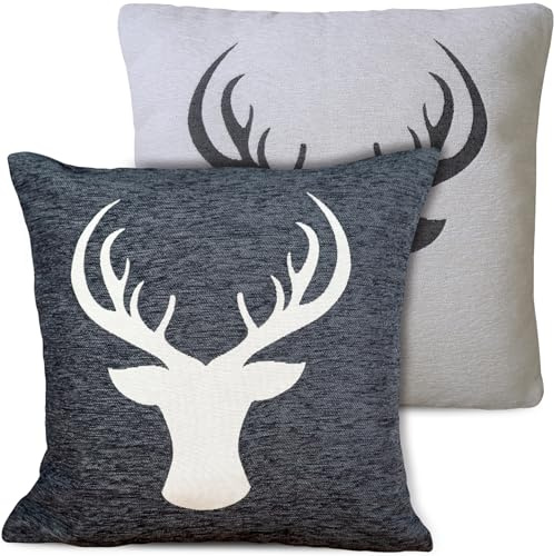 matches21 HOME & HOBBY Kissenbezug flauschig 45x45 cm Mix grau mit Hirsch-Kopf - 2er Set Kissenhüllen als Weihnachtsdeko