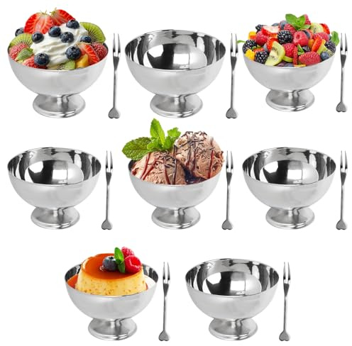 Buachois 8 Juegos Vaso de Helado de Acero Inoxidable Copa de Helado Cuencos Tazas de Postre Yogur con Patas Redondas Plateado Tazas Pudín Reutilizable con Tenedor para Postre Sundae Frutas Pie Postres