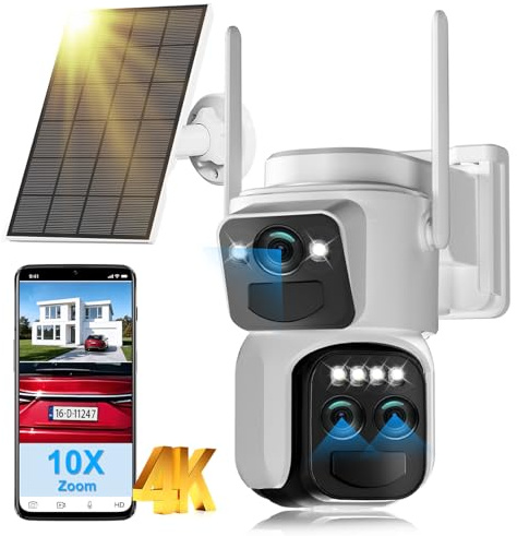 10X Zoom 4K Outdoor Security Camera Wireless WiFi with Triple Lens for Home | Solar Battery Powered, 360°PTZ, Auto Tracking, Siren, Night Color, Two-Way Audio, IP66, Ideal for Porch/Garage/Yard/Warehouse