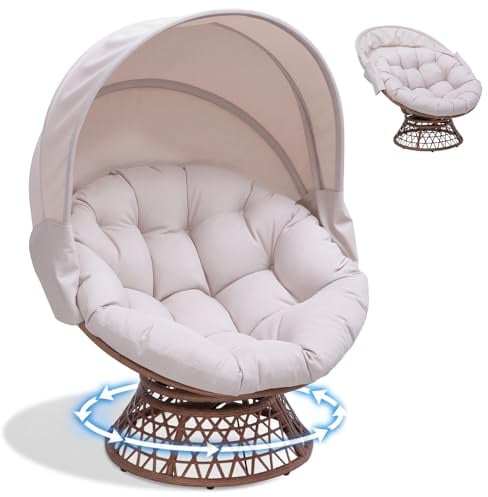 COMHOMA Papasansessel, gemütlicher Drehsessel mit Kissen rund, bequemer Rattansessel, Loungesessel drehbar, runder Relax Korbsessel Rattan für Wohnzimmer, Leseecke, Lounge - BEIGE