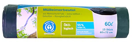 inapa Müllbeutel/Müllsack Secolan 60l, grün/schwarz – ✓extra reißfest ✓wasserdicht ✓100% recyclingfähig – 1 Rolle/15 Stück