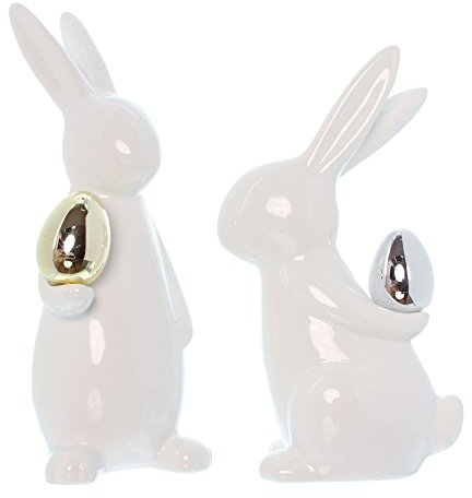 FRANK FLECHTWAREN Osterhase Classical, 2er Set, stilvolle Deko mit trendigem Metallic-Akzent, weiß bemaltes Porzellan, Höhe 20 cm, 23 cm