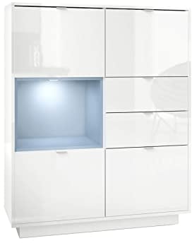 Vladon Highboard Sideboard Metro, Made in Germany, Korpus in Weiß Hochglanz/Fronten in Weiß Hochglanz mit Einsatz in Denim matt, inkl. LED Beleuchtung