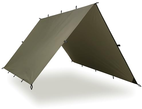 AquaQuest Defender wasserdichte Campingplane - robuster Zeltunterstand oder Regenschutz - Wandern, Bushcraft und Hängematte, 4 x 3 m Olivgrün
