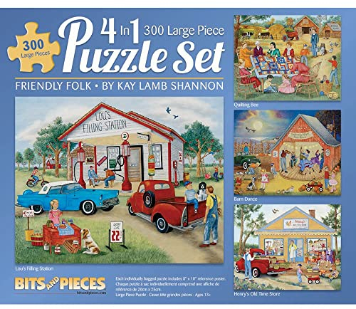 Bits and Pieces - Multi Pack of Four (4) - 300 Piece Jigsaw Puzzles for Adults - 300 pc Friendly Folk Set - Full Color Prints Included by Artist Kay Lamb Shannon