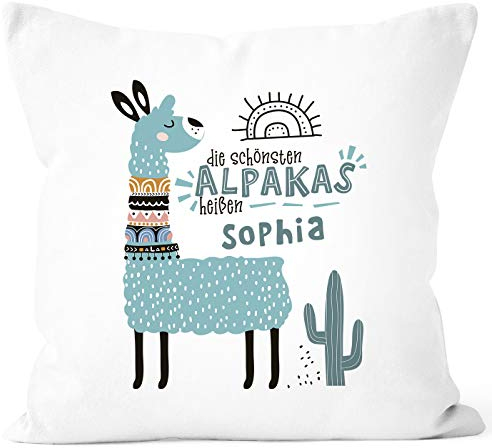 SpecialMe® Kissen-Bezug Die schönsten Alpakas heißen eigener Name personalisierte Kissenhülle individuelle Namensgeschenke Lama Dekokissen Türkis weiß Unisize