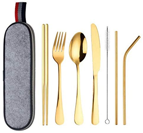 Piatti 7pcs / set notebook portatile kit di posate in acciaio inox viaggiare al di fuori picnic utensile da cucina il pranzo, facile da pulire e lavastoviglie - sicuro e lucidato a specchio,oro