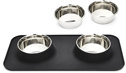 Penguin Home Stainless Steel Pack of 4 Pet Bowl with Non-Slip Silicone Mat Cat Feeder, Easy to Clean, Cats and Puppies Food and Water Feeding / 200 ml Bowls/Black
