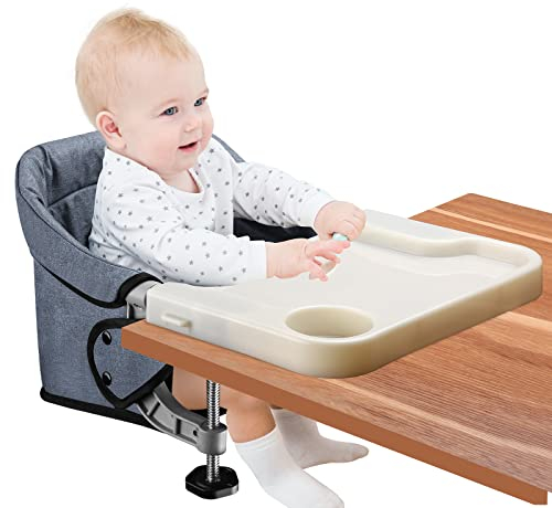 Toogel Baby Tischsitz mit Essbrett, Tragbarer Baby Hochstuhl mit Sicherheitsgurt, Kinderstuhl zum Anklippen Flach Verstaubar, Babysitz mit Transporttasche für Zuhause und Unterwegs (Grau)
