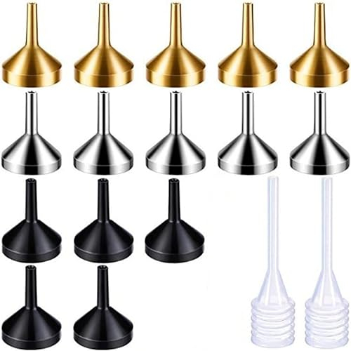 El juego de Mini Embudos de Acero Inoxidable Contiene 15 Embudos de Metal 2 mini Ppipetas Transparentes