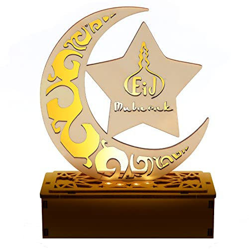 Yizhet Ramadan Holz Laterne mit LED Beleuchtung, Halbmond & Stern Design, Muslimische Dekoration für Ramadan und Eid Mubarak Geschenke