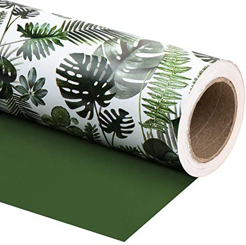 WRAPAHOLIC Reversible Tropical Wrapping Paper - Mini Roll - 17 Inch X 33 Feet - Green Monstera Leaf Hawaii Wrapping Paper for Birthday, Wedding, Bridal Shower, Baby Shower