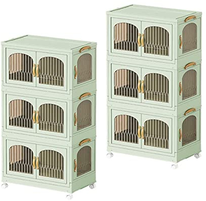 RMAN 6er Set Faltbare Aufbewahrungsbox 58L Stapelbare Kunststoff Aufbewahrungsboxen Faltbar Aufbewahrungskorb mit Deckel und Rädern für Schlafzimmer, Bad, Küche, Büro, Wohnzimmer - Grün