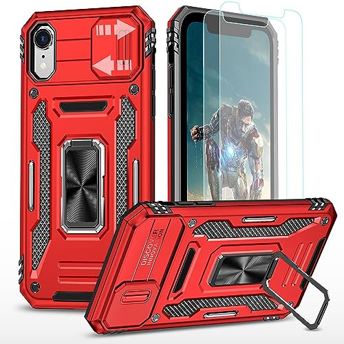 YmhxcY For iPhone XR Case With 2*PET Screen Protector, Slide Camera Cover,360° Rotate Metal Stand, For Apple iPhone XR 6.1“-Red