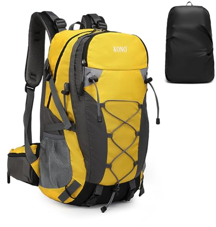 KONO 40L Wanderrucksack Multifunktionale Wasserdichte Bergsteigen Tasche Große Kapazität Reisen Klettern Rucksack mit Regenschutz für Damen Herren(Gelb)