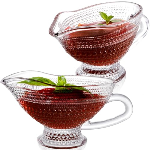 ZOOFOX 2 Pack 12 oz Glass Gravy Boat, Crystal Gravy Bowl with Easy-Pour Spout and Handle, Vintage Embossed Serving Dish for Sauces, Dressings, Creamer, Thanksgiving, Christmas or Holiday Dinner