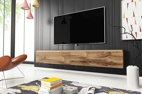 MINIO - Mobile TV Donna, Larghezza 180cm, TV Lowboard, Da Appoggio o Sospeso, Cassettiera TV Per il Soggiorno, Truciolare Laminato, Stile Moderno, Rovere Wotan - con LED