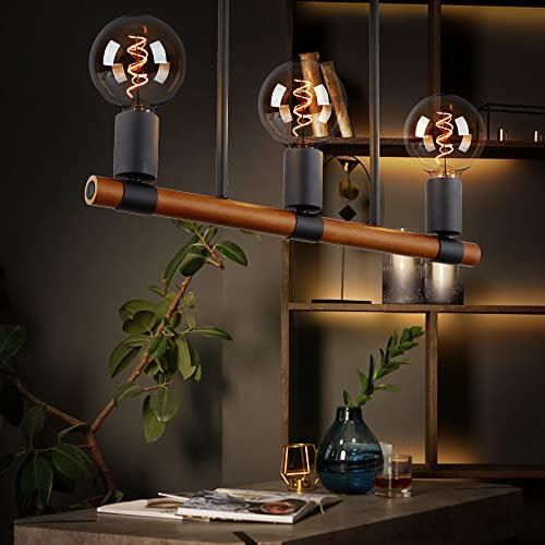 Deckenlampe Deckenleuchte Wohnzimmerlampe Esstischleuchte Holzlampe Holzleuchte, 3 Flammig Retro, Metall schwarz Holzbalken braun, E27, LxBxT 49x6x35cm