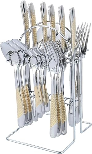 Set d'argenterie en or, 24 pièces, service pour 6,Service de couverts poli au miroir, avec support pour fourchette, couteau et cuillère, lavable au lave-vaisselle (Or Argenté)